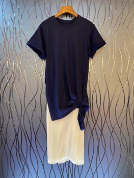 2020 Spring and Summer New Women's round Neck Hem Knitted Color Matching Stitching Selvage Short-Sleeve Dress 716
2020 Spring and Summer New Women's round Neck Hem Knitted Color Matching Stitching Selvage Short-Sleeve Dress 716