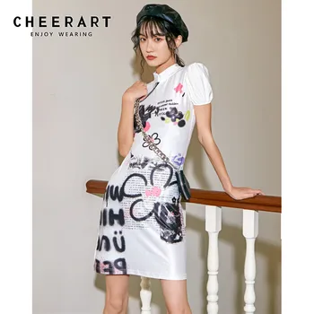 CHEERART Punk Graffiti Print White Bodycon Summer Mini Dress Women Short Puff Sleeve Zipper Open Back Dress Fashion
CHEERART Punk Graffiti Print White Bodycon Summer Mini Dress Women Short Puff Sleeve Zipper Open Back Dress Fashion
