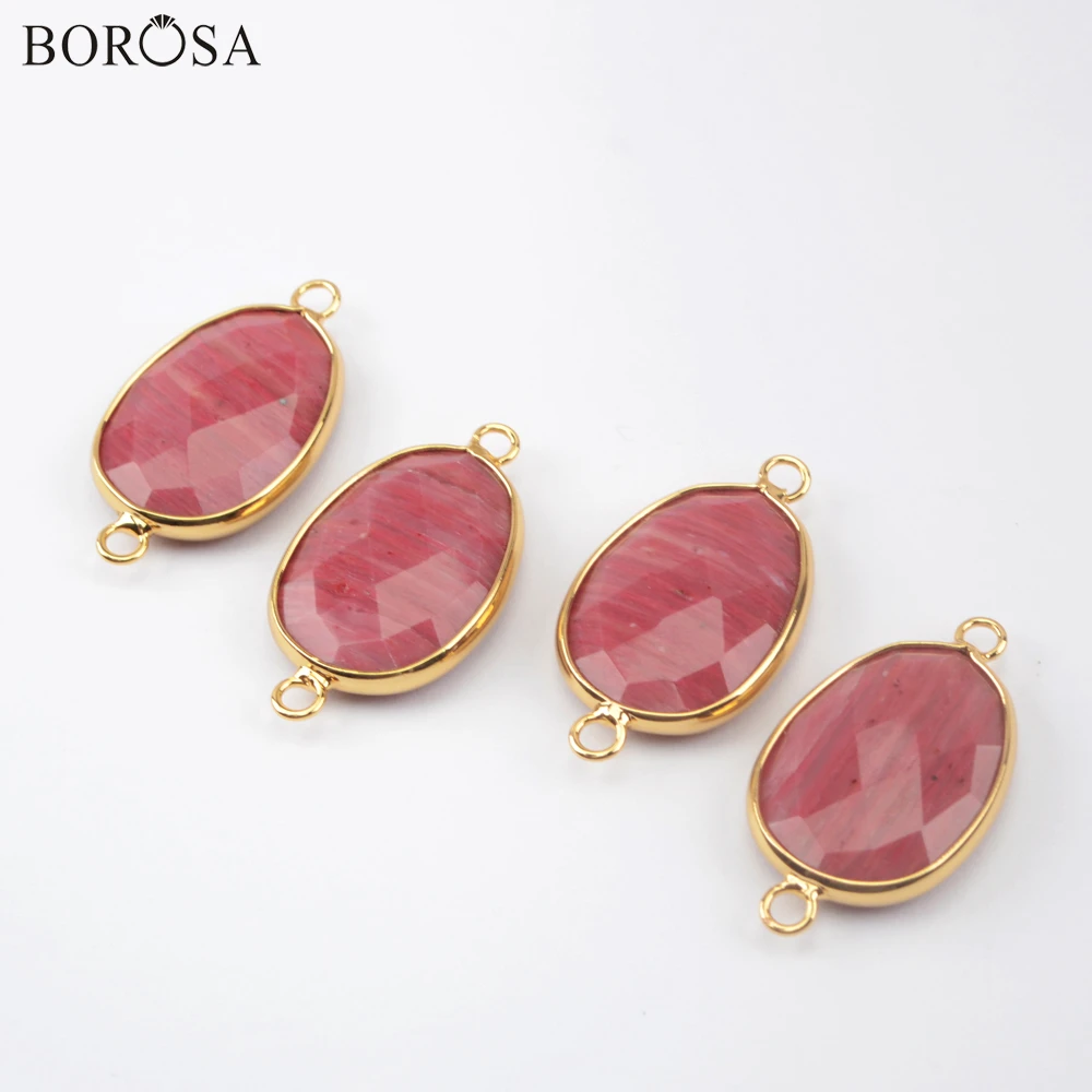 BOROSA Retro Oval Red Stirpe Connector for Bracelets Making Gold Bezel Faceted Natural Stone Pendant Wholesale Jewelry G1957 | Украшения и