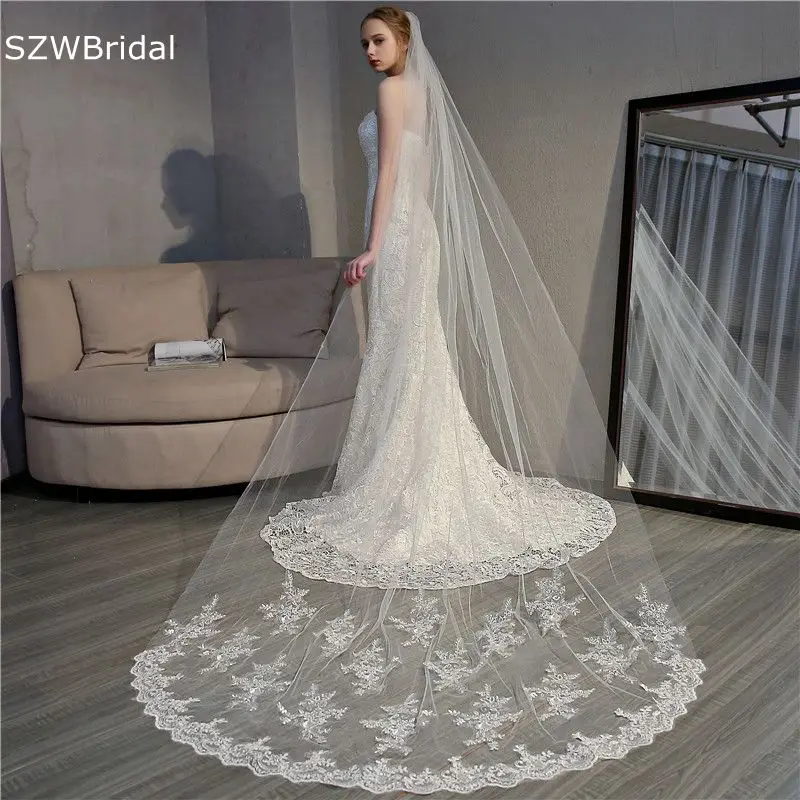 

New Arrival White Ivory Wedding veils Lace Appliques Cathedral Bridal veil Veu de noiva Voile mariage Wedding accessories Wesele