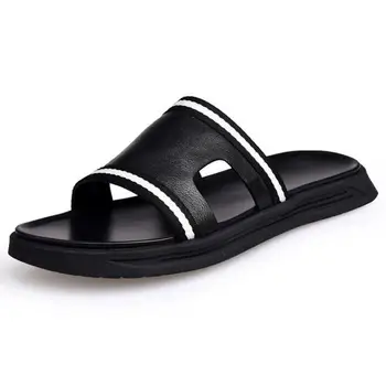 Summer Men Genuine Leather Slippers Sandals Flip Flop Beach Wear Shoes Stripe Slide Sandal Designers Soft Bottom Slipper Black 
Summer Men Genuine Leather Slippers Sandals Flip Flop Beach Wear Shoes Stripe Slide Sandal Designers Soft Bottom Slipper Black