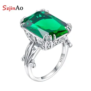 

Szjinao Green Emerald Gemstone Rings For Women White Gold Luxury Jewellery Square May Birthstone 925 Silver Anello Fine Jewelry