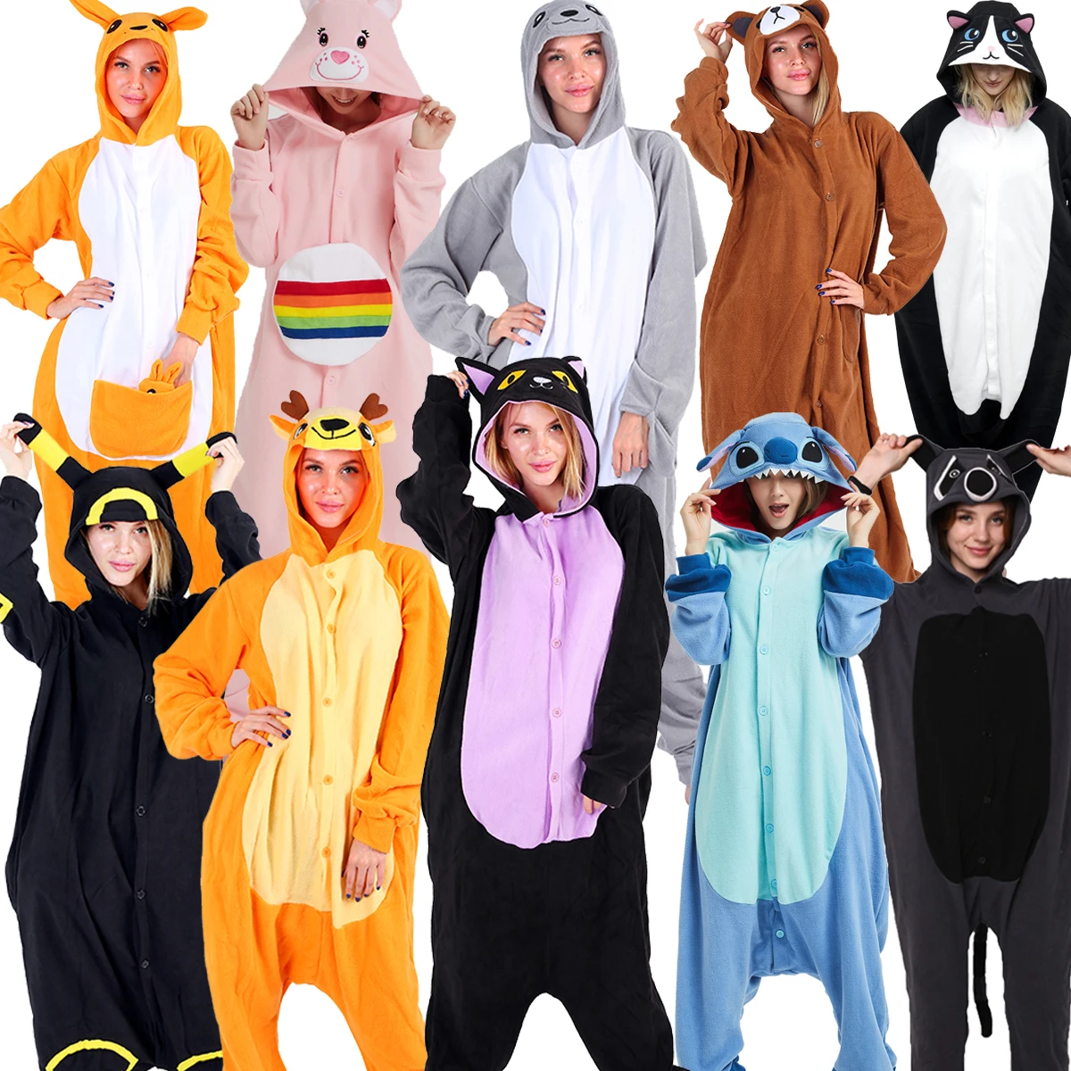 

35 Kigurumi Adults Animal Pajamas Women Sleepwear Onesies Pyjama Animal Suits Cosplay Midnight Cat Deer Stitch Wolf Lion Pijamas