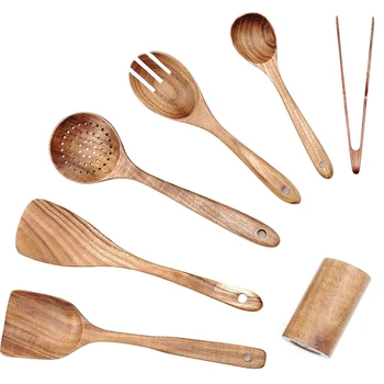 

Wooden Kitchen Utensil Set (7 Pc), Wooden Spoons and Spatulas for Cooking, Smooth Teak Wooden Utensils, Holder,and Tongs