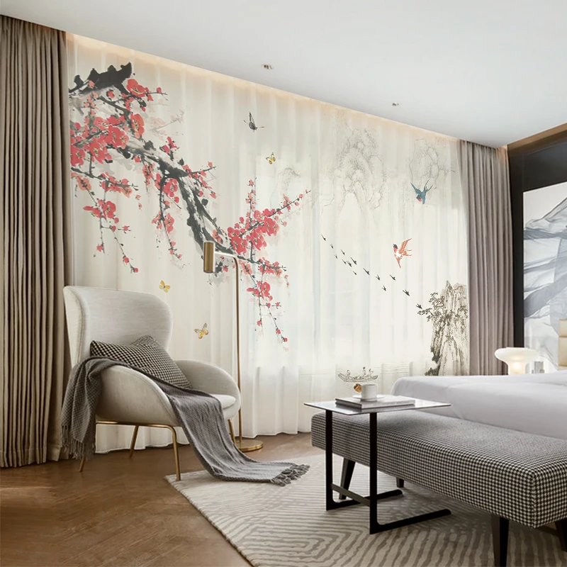 

Custom Chiffon Sheer Curtain Window Drape for Bedroom Living Room Floral Plum Bossom Khaki Gray Brown Pink Blue