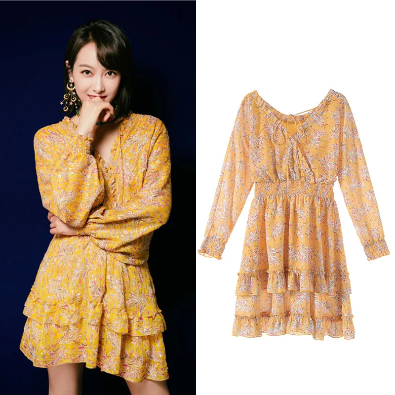 New yellow floral restoring ancient ways v neck accept waist with temperament G0863 falbala chiffon dress
New yellow floral restoring ancient ways v neck accept waist with temperament G0863 falbala chiffon dress