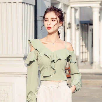 French Style Ruffles New Spring Full Sleeve Spaghetti Strap blusas womens tops and blouses Light Green Ginger 9184 
French Style Ruffles New Spring Full Sleeve Spaghetti Strap blusas womens tops and blouses Light Green Ginger 9184