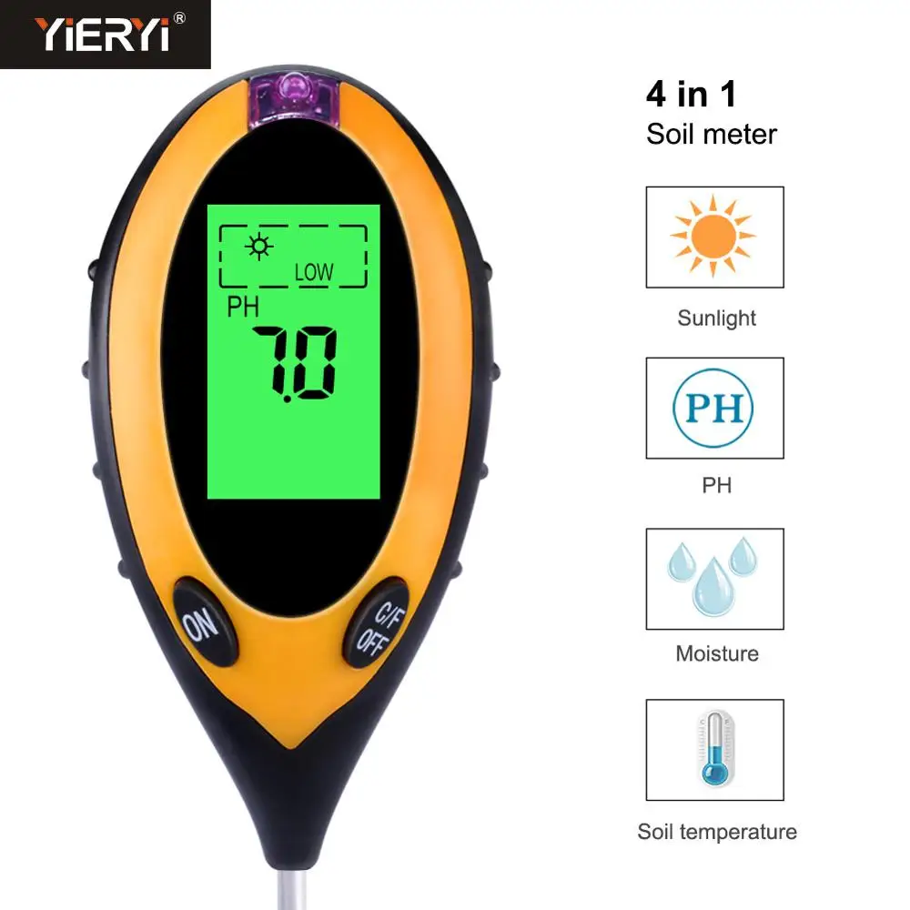 

Yieryi 4 in 1 Digital PH Meter Soil Moisture Monitor Temperature Sunlight Intensity Measurement Analysis Acidity With Backlight