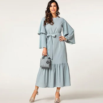 OLE Leisure solid color beaded horn sleeve tie long dress woman 
OLE Leisure solid color beaded horn sleeve tie long dress woman