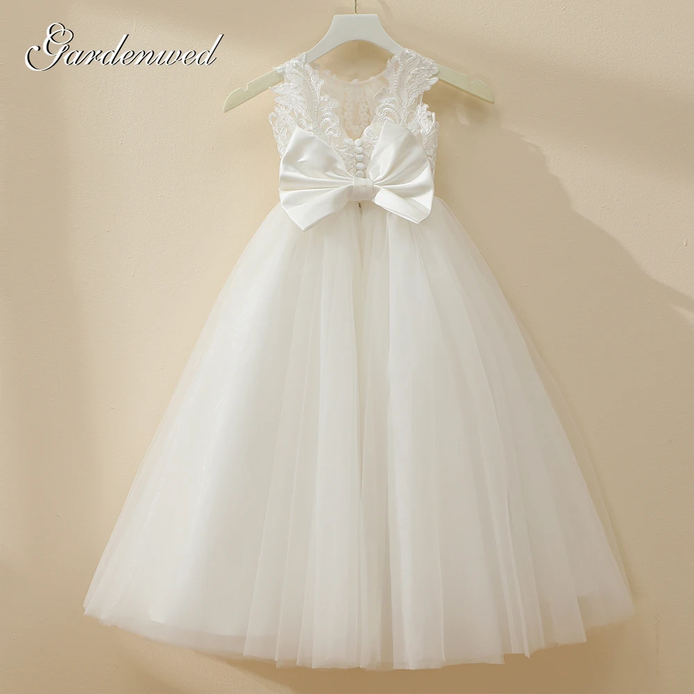 2020 Kids Puffy Ivory Tulle Lace Ball Gown Flower Girl Dresses Puffy Satin Bow Girl Princess Dresses Long Kids Communion Dresses 2020 Kids Puffy Ivory Tulle Lace Ball Gown Flower Girl Dresses Puffy Satin Bow Girl Princess Dresses Long Kids Communion Dresses