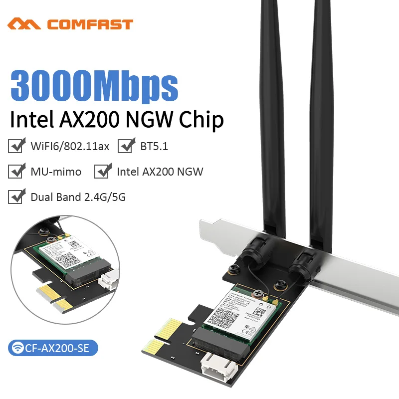 3000Mbps Dual Band PCI-E Network Card For AX200NGW PCIE Wifi 6 Adapt 802.11AC/AX Bluetooth 5.1 Win10 MU-MIMO Desktop AX200 Plus
3000Mbps Dual Band PCI-E Network Card For AX200NGW PCIE Wifi 6 Adapt 802.11AC/AX Bluetooth 5.1 Win10 MU-MIMO Desktop AX200 Plus