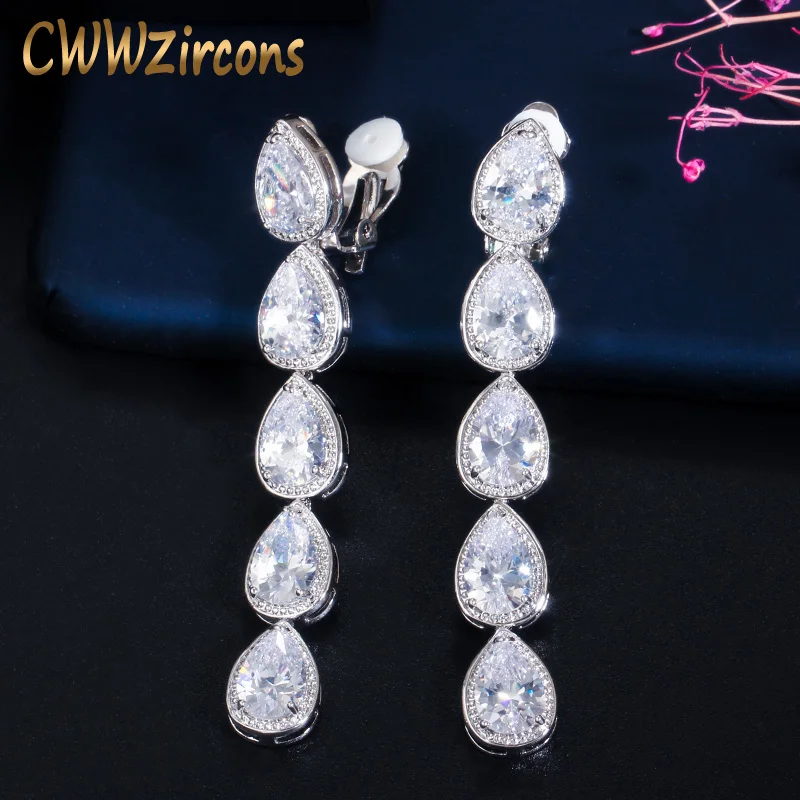 

CWWZircons Non Piercing Ear Design Long Dangle CZ Crystal Clip On Earrings No Pierced Women Wedding Party Costume Jewelry CZ713