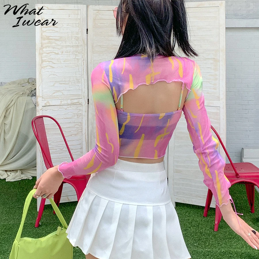 Women See Through T-shirts 2 Pieces Mesh Fabric Mutil Color Sweet Girl Long Sleeve Summer Slim Female Short Tees Harajuku Tops