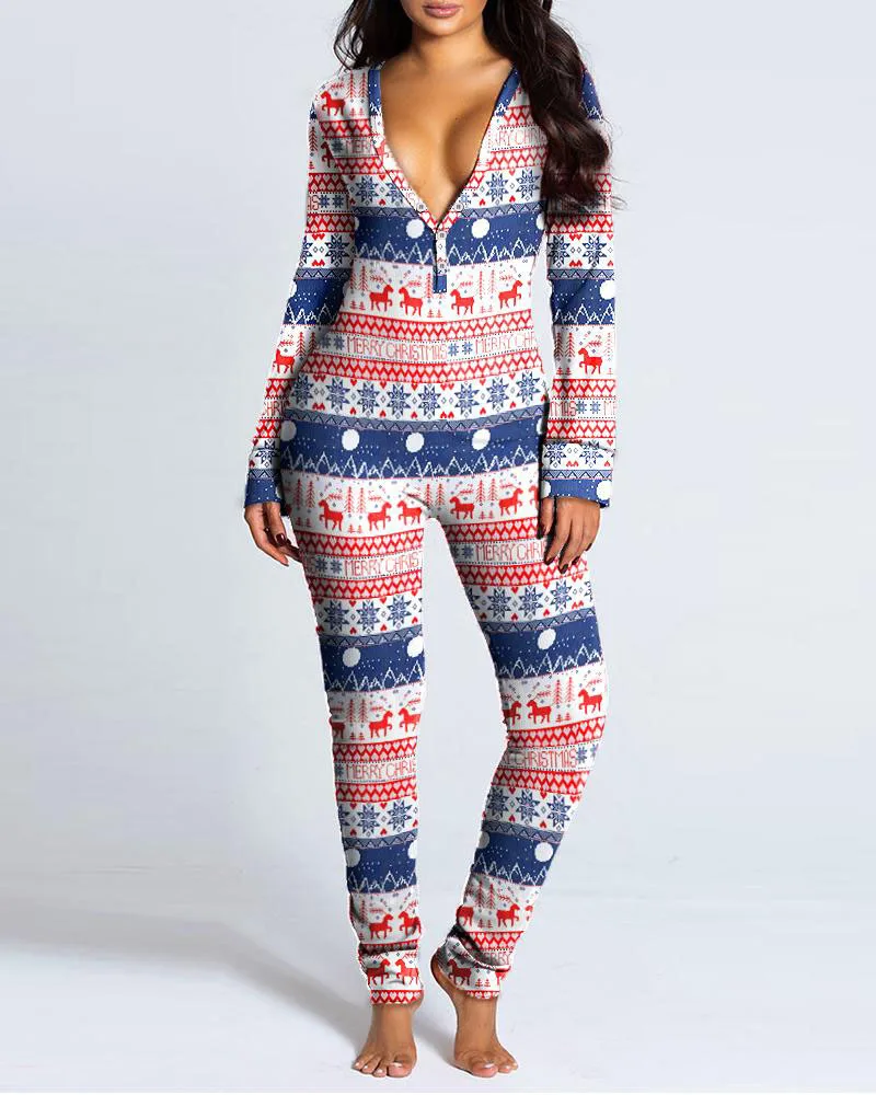 

One Piece Adults Winter Sexy Tights Long Pants Christmas Print Functional Buttoned Flap Conjoined Jumpsuit Pajamas For Women