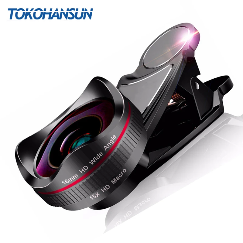 

TOKOHANSUN HD Optical Glass 0.45x Wide Angle Lens 15x Super Macro Lens for iPhone 6s 7 8 Plus Samsung Huawei Camera Lens Kit