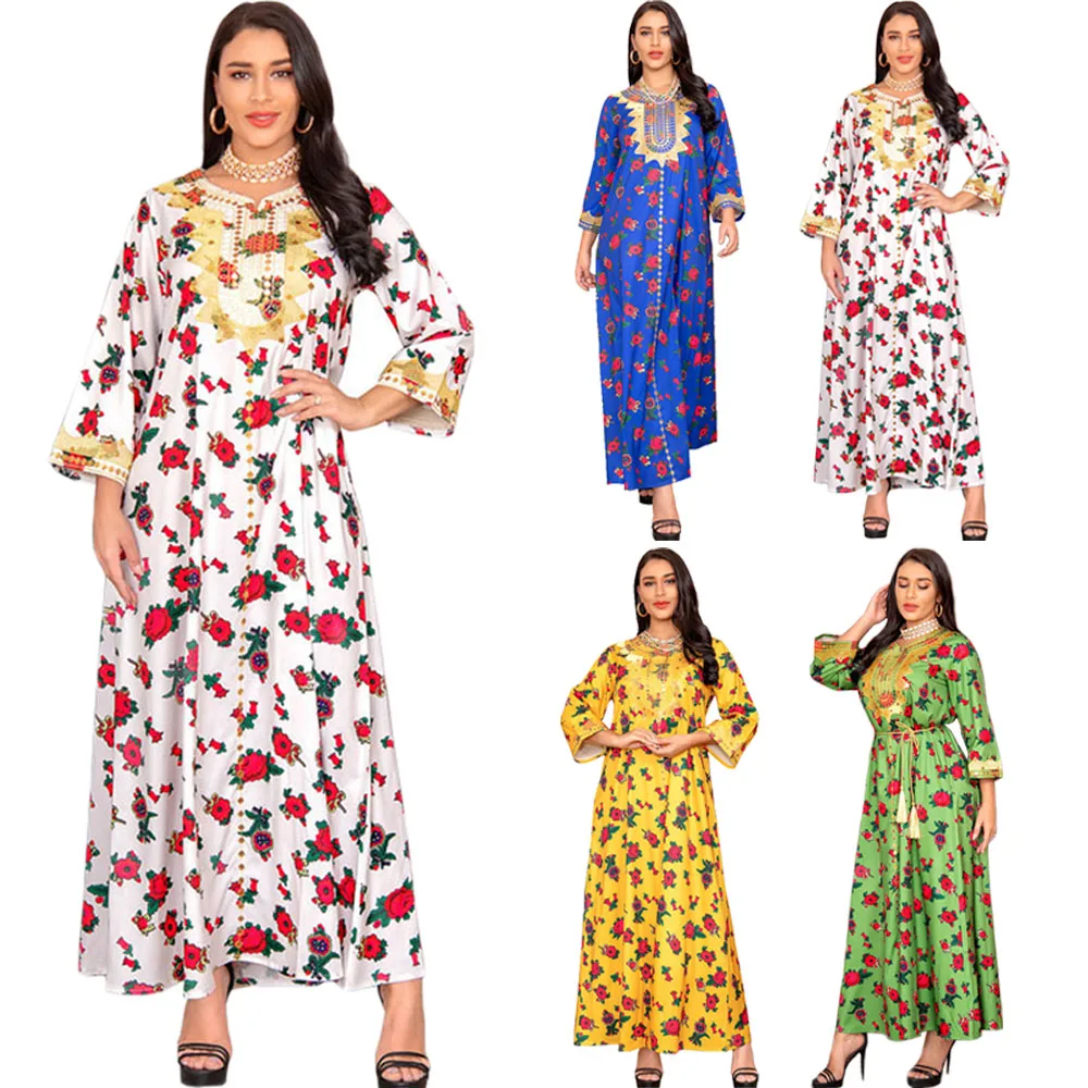 

Dubai Kaftan Muslim Floral Print Long Dress Women Islamic Clothing Turkish Middle East Malaysia Moroccan Maxi Robe Abaya Arabic