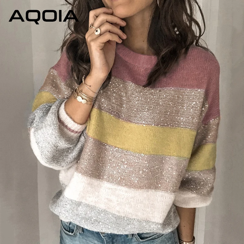 AQOIA Korean Style Long Sleeve Warm Women Sweater Plus Size Striped Lurex Knitted Ladies Sweaters Pullover Winter 2019 Clothing
AQOIA Korean Style Long Sleeve Warm Women Sweater Plus Size Striped Lurex Knitted Ladies Sweaters Pullover Winter 2019 Clothing