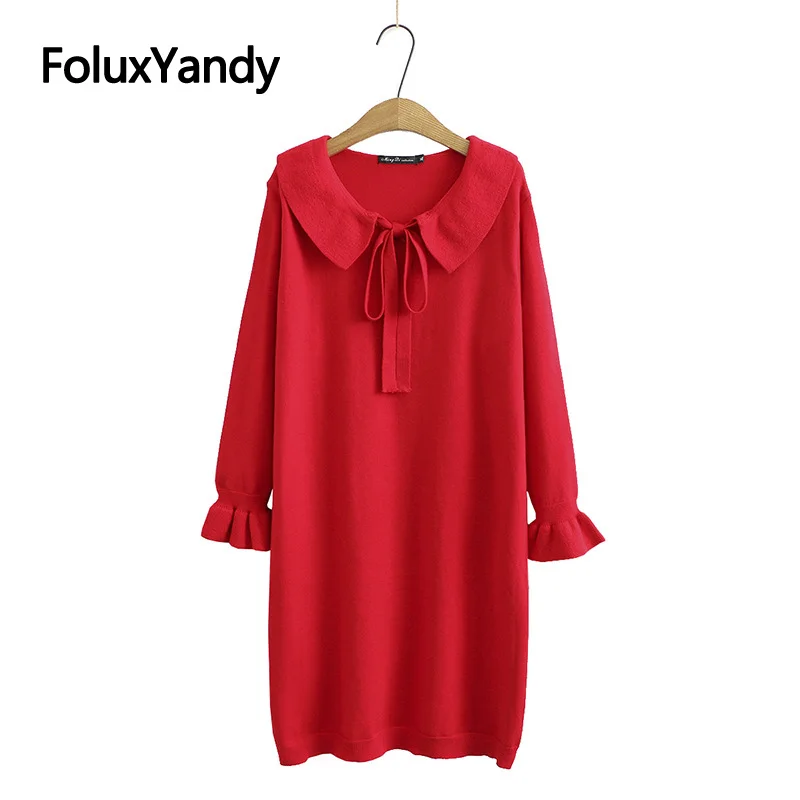 Knitted Women Plus Size Dress Vestidos Spring Autumn Peter Pan Collar Ruffles Long Sleeve Loose Midi Dress Black Red KKFY5159
Knitted Women Plus Size Dress Vestidos Spring Autumn Peter Pan Collar Ruffles Long Sleeve Loose Midi Dress Black Red KKFY5159