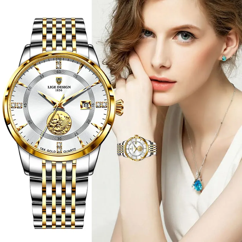 Часы LIGE женские наручные роскошные брендовые модные элегантные золотистые