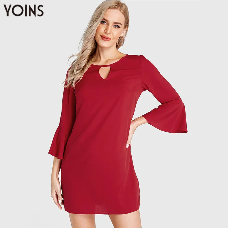 

YOINS Women Dress 2019 NEW Sexy Mini Party Vestidos Autumn Summer Tunic Round Neck Cut Out Bell Sleeves Dresses Red Plus Size