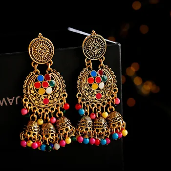 Women's Retro Tassel Indian Earrings Ethnic Ladies Gold Bell Multicolor Beads Tassel Hollow Jhumka Earrings Gypsy Jewelry
Women's Retro Tassel Indian Earrings Ethnic Ladies Gold Bell Multicolor Beads Tassel Hollow Jhumka Earrings Gypsy Jewelry