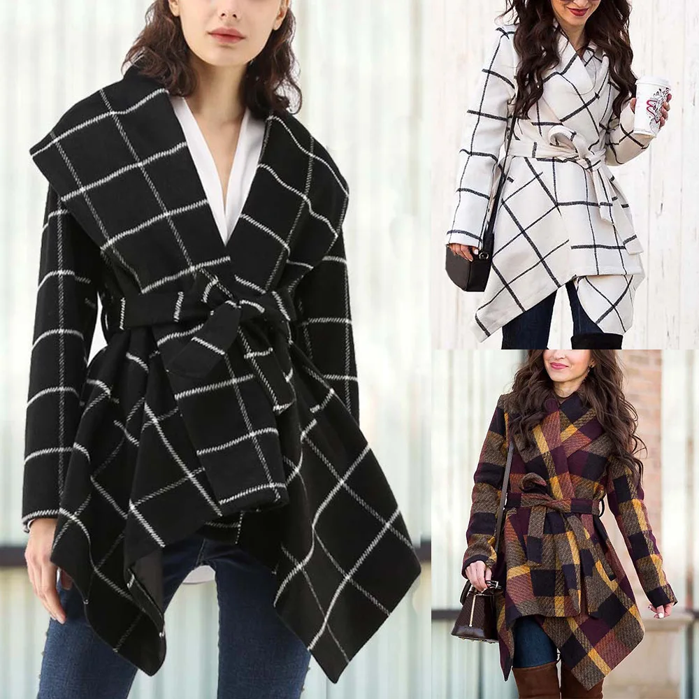 Winter Coat Women Irregular Mid-length Lattice Woolen Coat Lady Fashion England Sashes Tops Turn-down Collar Plaid Wool Coat
Winter Coat Women Irregular Mid-length Lattice Woolen Coat Lady Fashion England Sashes Tops Turn-down Collar Plaid Wool Coat