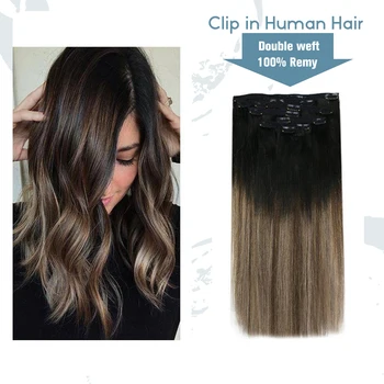 VeSunny Double Weft Clip in Hair Extensions Real Human Hair 7pcs 120gr Balayage Black to Brown Highlighted Ash Blonde #1B/4/18 
VeSunny Double Weft Clip in Hair Extensions Real Human Hair 7pcs 120gr Balayage Black to Brown Highlighted Ash Blonde #1B/4/18