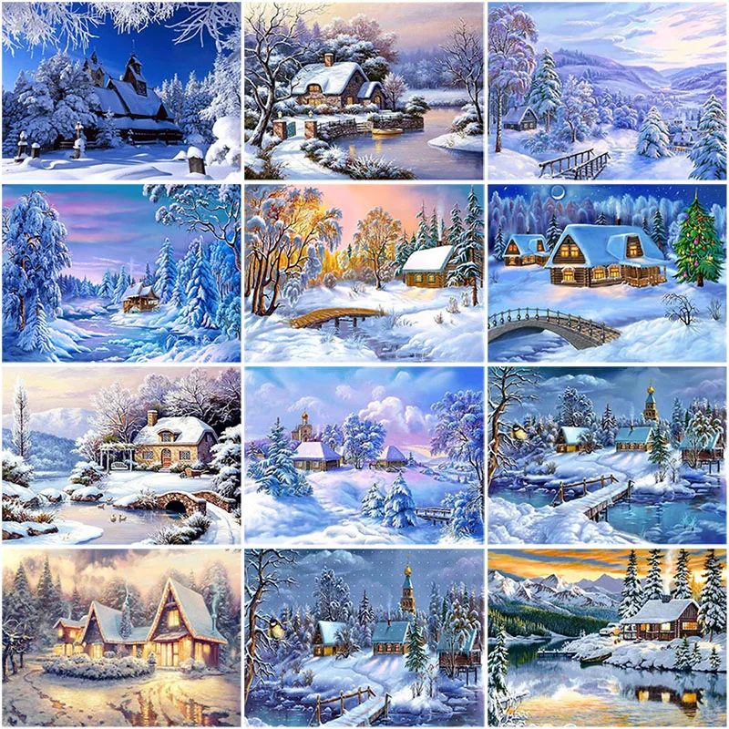 

5D Diamond Painting Snow Scenery Full Round Drill Embroidery Cross Stitch Kits DIY Rhinestones Winter Landscape Mosaic Patterns