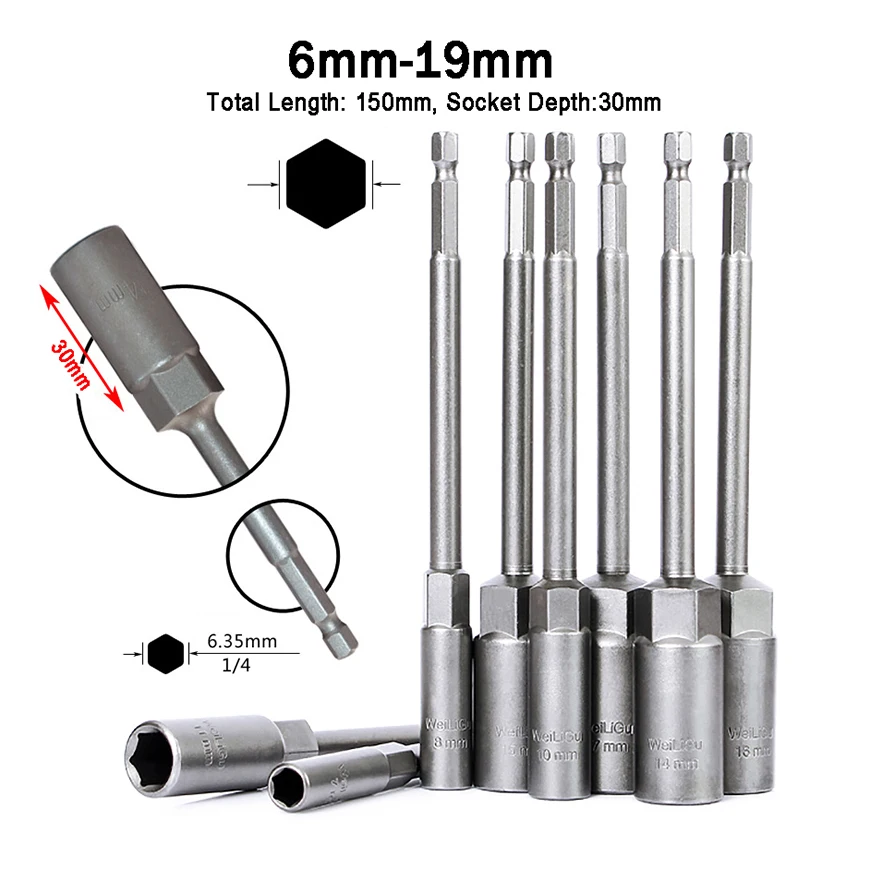 

1PCS 150mm Length 30mm Deep Deepen Nut Driver Drill Bit 6mm-19mm Impact Socket Adapter 1/4"(6.35mm) Hex Shank Screwdriver Sleeve