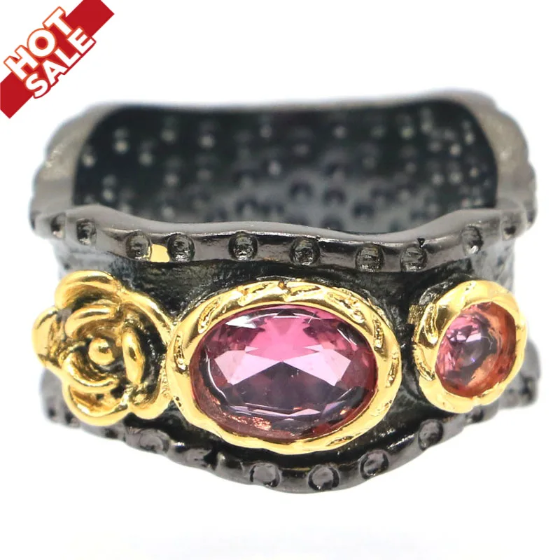 23x12mm Sublime Antique Vintage Created Pink Tourmaline Gift For Ladies Black Gold Silver Rings | Украшения и аксессуары