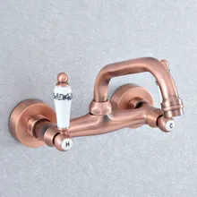Antique Red Copper Dual Ceramic Handles Wall Mounted Hot & Cold Bathroom Kitchen Basin Sink Swivel Faucet Mixer Tap zsf875