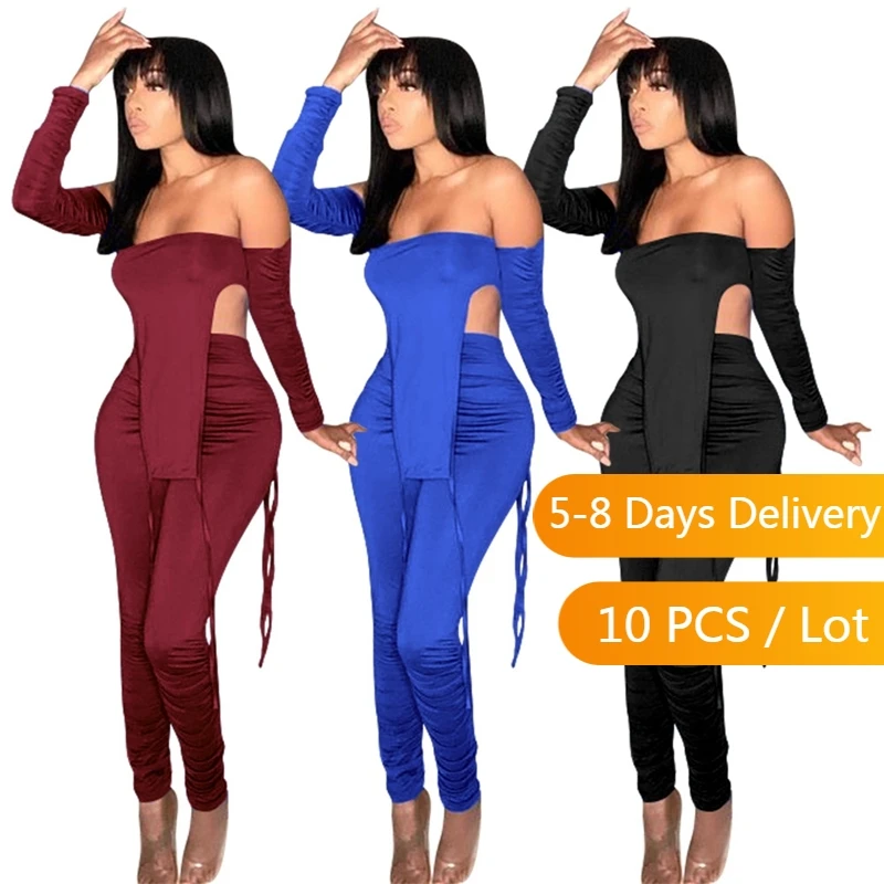 Wholesale Clothes Ruched Club Outfits for Women Autumn Off Shoulder Long Tops Pencil Pants Set Solid Sexy Bodycon Two Piece Set
Wholesale Clothes Ruched Club Outfits for Women Autumn Off Shoulder Long Tops Pencil Pants Set Solid Sexy Bodycon Two Piece Set