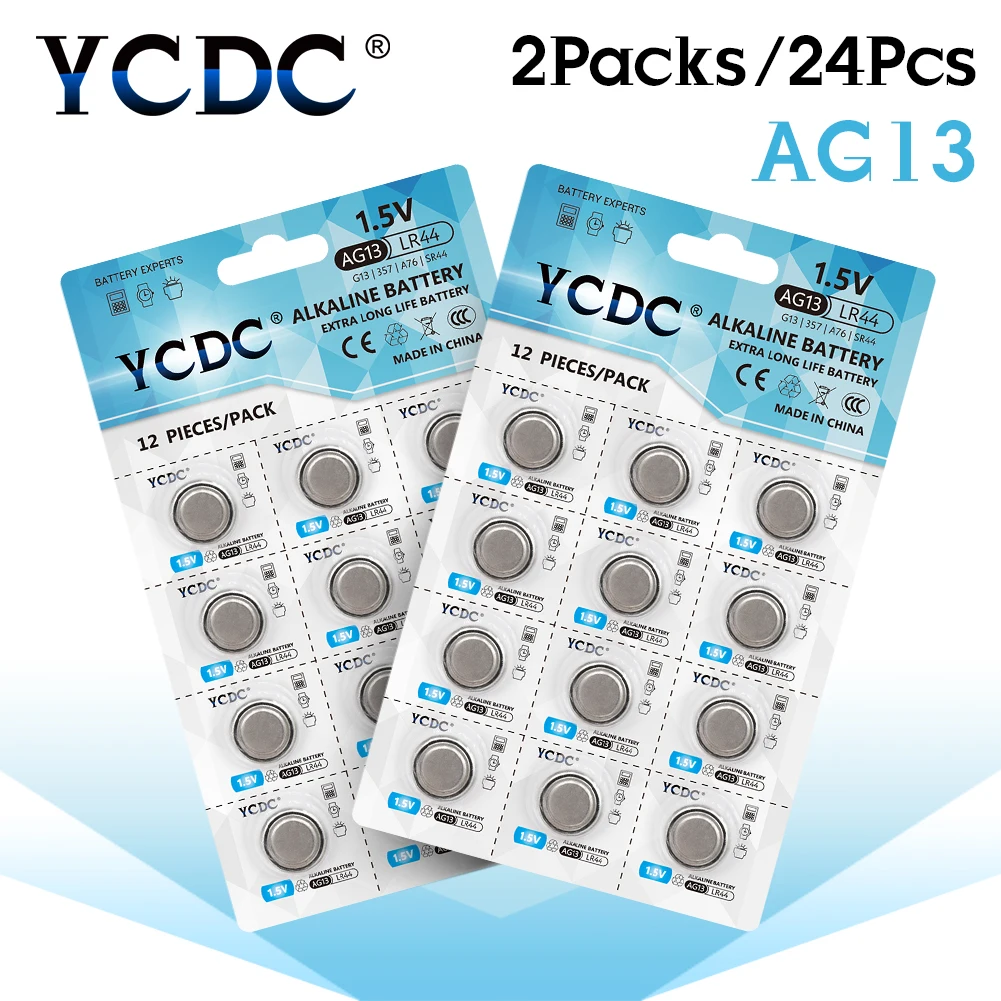 YCDC AG13 24pcs/2Cards Alkaline Button Batteries LR44 357 357A S76E G13 Coin Cell Battery 1.5V AG 13 For Watch Remote Wholesale
YCDC AG13 24pcs/2Cards Alkaline Button Batteries LR44 357 357A S76E G13 Coin Cell Battery 1.5V AG 13 For Watch Remote Wholesale