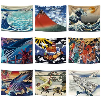 

Japanese Kanagawa Waves Tapestry Whale Arowana Dragon Phoenix Totem Wall Hanging Bed Blanket Home Decor Tapestries