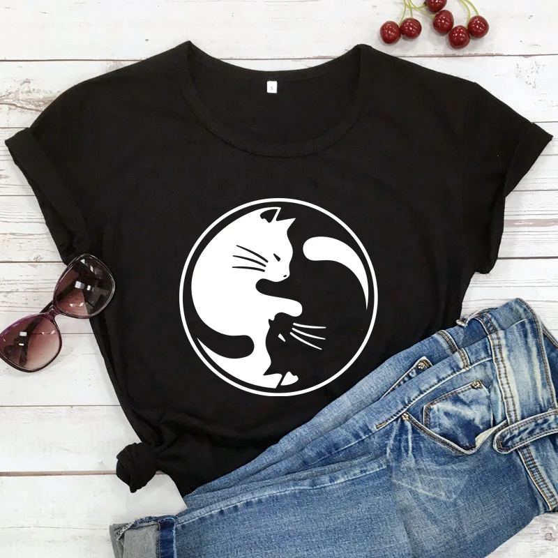 

yin yang cats T-shirt Funny Women graphic cat mom Tee Shirt Top