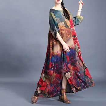 New 2020 Spring National Style Retro Women's Silk Dress Round Neck Big Swing Long Maxi Dress Robe 
New 2020 Spring National Style Retro Women's Silk Dress Round Neck Big Swing Long Maxi Dress Robe