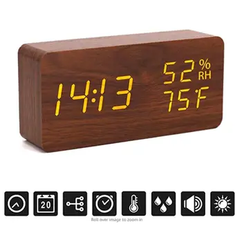 Digital Alarm Clock Wood LED Adjustable Brightness Voice Control Desk Wooden Alarm Clock with Day/Date/Temperature Humidity USB
Digital Alarm Clock Wood LED Adjustable Brightness Voice Control Desk Wooden Alarm Clock with Day/Date/Temperature Humidity USB