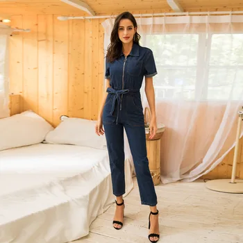 Street Casual Vacation Style Women's Denim Jumpsuit Spring Summer Short-sleeved Zipper Slim Solid Belt Fashion Trousers Playsuit
Street Casual Vacation Style Women's Denim Jumpsuit Spring Summer Short-sleeved Zipper Slim Solid Belt Fashion Trousers Playsuit