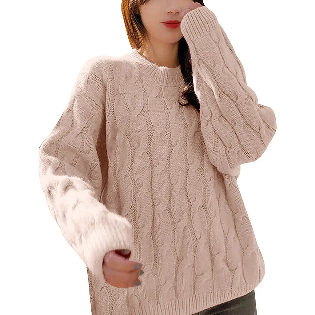 Jaycosin Fashion Women Casual Simple Long Sleeve Knitting Sweater Stylish Solid Color Comfortable Warm Lazy Wind Sweater