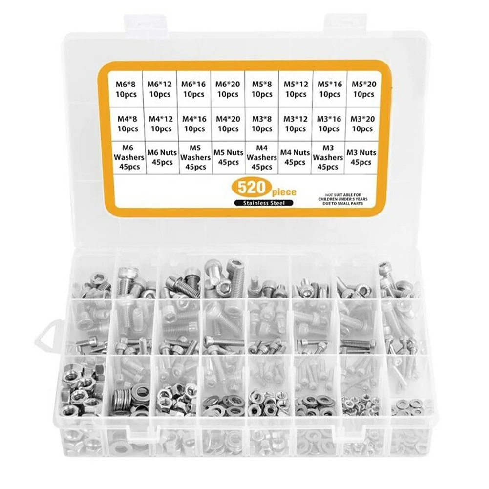 520pcs Home Assortment Head Cap Portable Hardware With Storage Box M3 M4 M5 M6 Hex Socket Screws Set Multifunctional Fasteners
520pcs Home Assortment Head Cap Portable Hardware With Storage Box M3 M4 M5 M6 Hex Socket Screws Set Multifunctional Fasteners