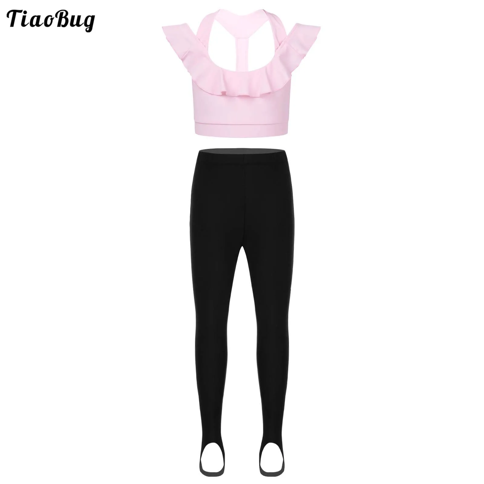 

TiaoBug Girls U Neck Ruffled Straps Open Back Sports Tops With Stirrup Pantyhose Stockings Leggings Tights For Active Dance Gym