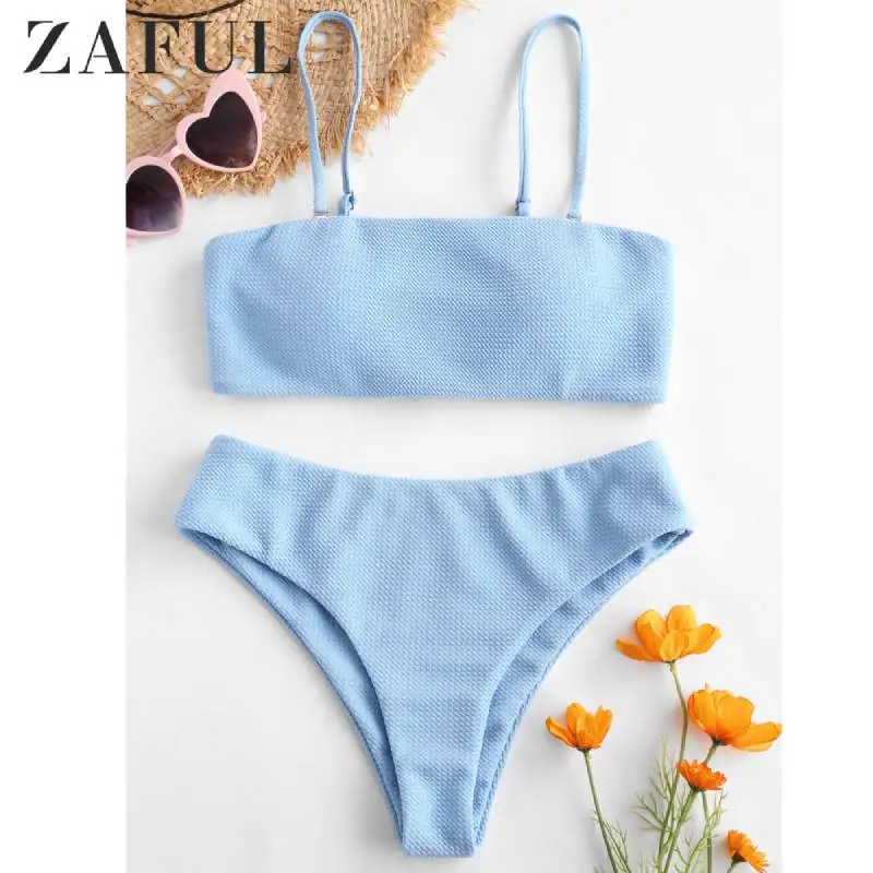 

ZAFUL Textured Padded Bandeau Bikini Set Bathing Suit High Cut Female Swimsuit Wire Free Bikini with Removable Shoulder Straps