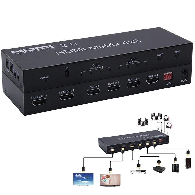 HDMI2.0 HDMI Matrix Scaler 4X2 with toslink audio HDMI 2.0 Matrix 4 in 2 out 4K 60Hz HDCP 2.2 with EDID&HDMI IR control
HDMI2.0 HDMI Matrix Scaler 4X2 with toslink audio HDMI 2.0 Matrix 4 in 2 out 4K 60Hz HDCP 2.2 with EDID&HDMI IR control