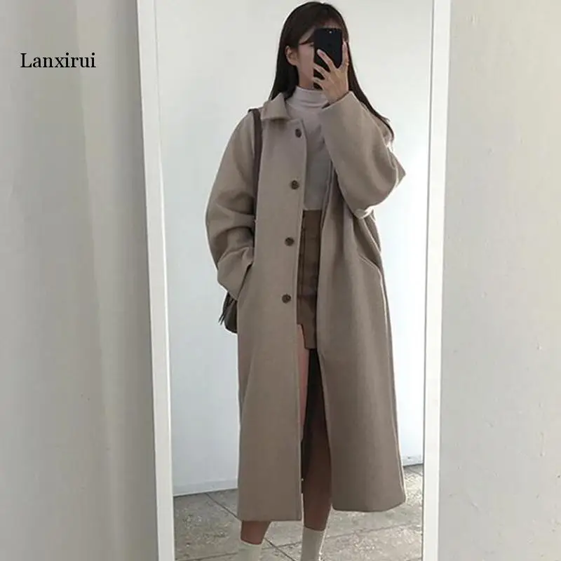 Женская шерстяная куртка средней длины элегантное свободное однотонное пальто в