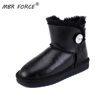 

MBR FORCE New Waterproof Women Winter Shoes Sheepskin Leather Shearling Wool Fur Lined Crystal Button Snow Boots Warm Black Gray