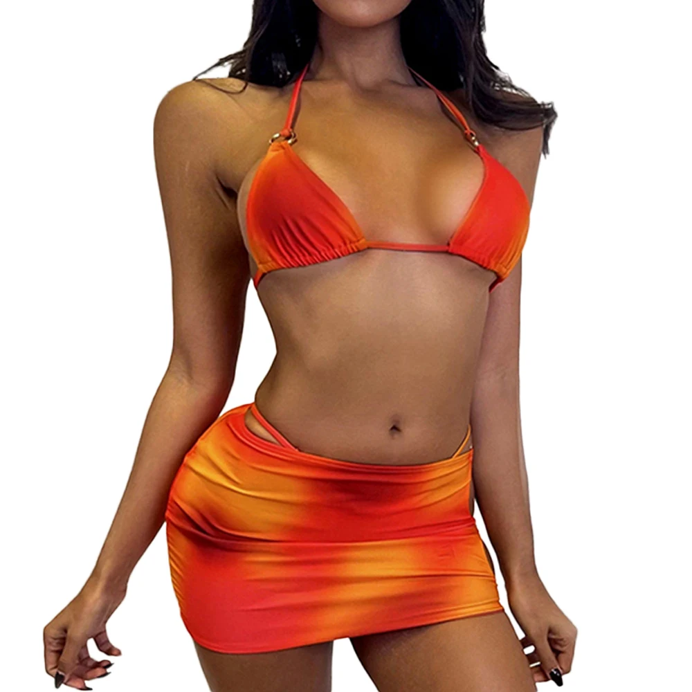 

FS 2022 Tie Dye Micro Bikinis Set Thong Bathing Suits 3 Piece Swimsuits Women Ladies Swimwear With Skirts Ring Halter Lace Up