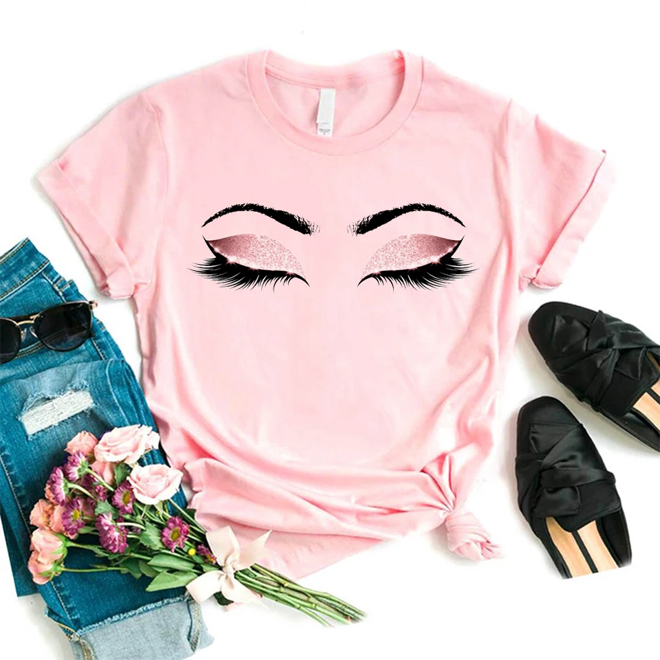Женская розовая футболка с рисунком ресниц женская Camiseta Maquillaje Koszulki Makeup графикой