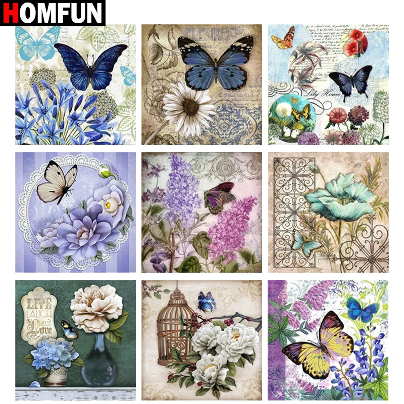 Алмазная живопись HOMFUN картина бабочка цветок полноразмерная/круглая украшение