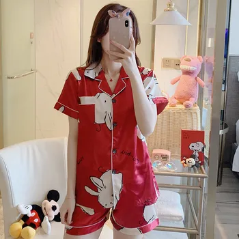 Women Ice Silk Pyjamas Summer Cute Cartoon Korean Sleepwear Rabbit Loose Homewear Short Sleeve Shorts Two Piece Set Pajamas S505
Women Ice Silk Pyjamas Summer Cute Cartoon Korean Sleepwear Rabbit Loose Homewear Short Sleeve Shorts Two Piece Set Pajamas S505