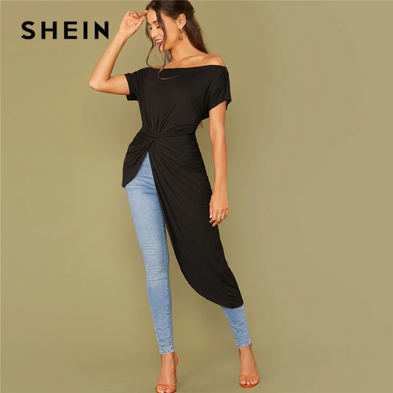 Черная футболка SHEIN с открытыми плечами и асимметричным подолом женские топы 2019